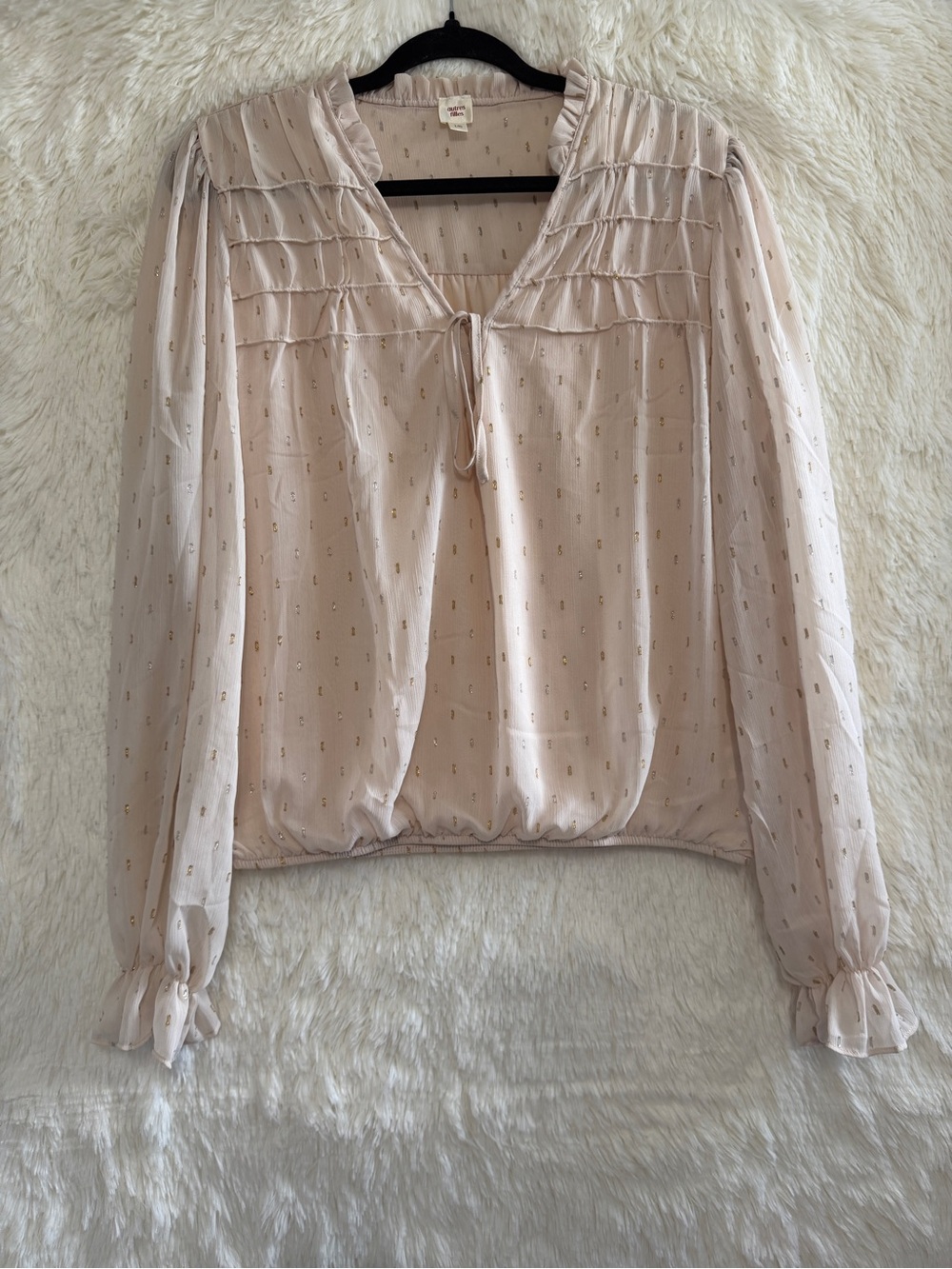 Autres Filles Womens Peasant Metallic Dot Sheer Blouse Size L Cream Coquette